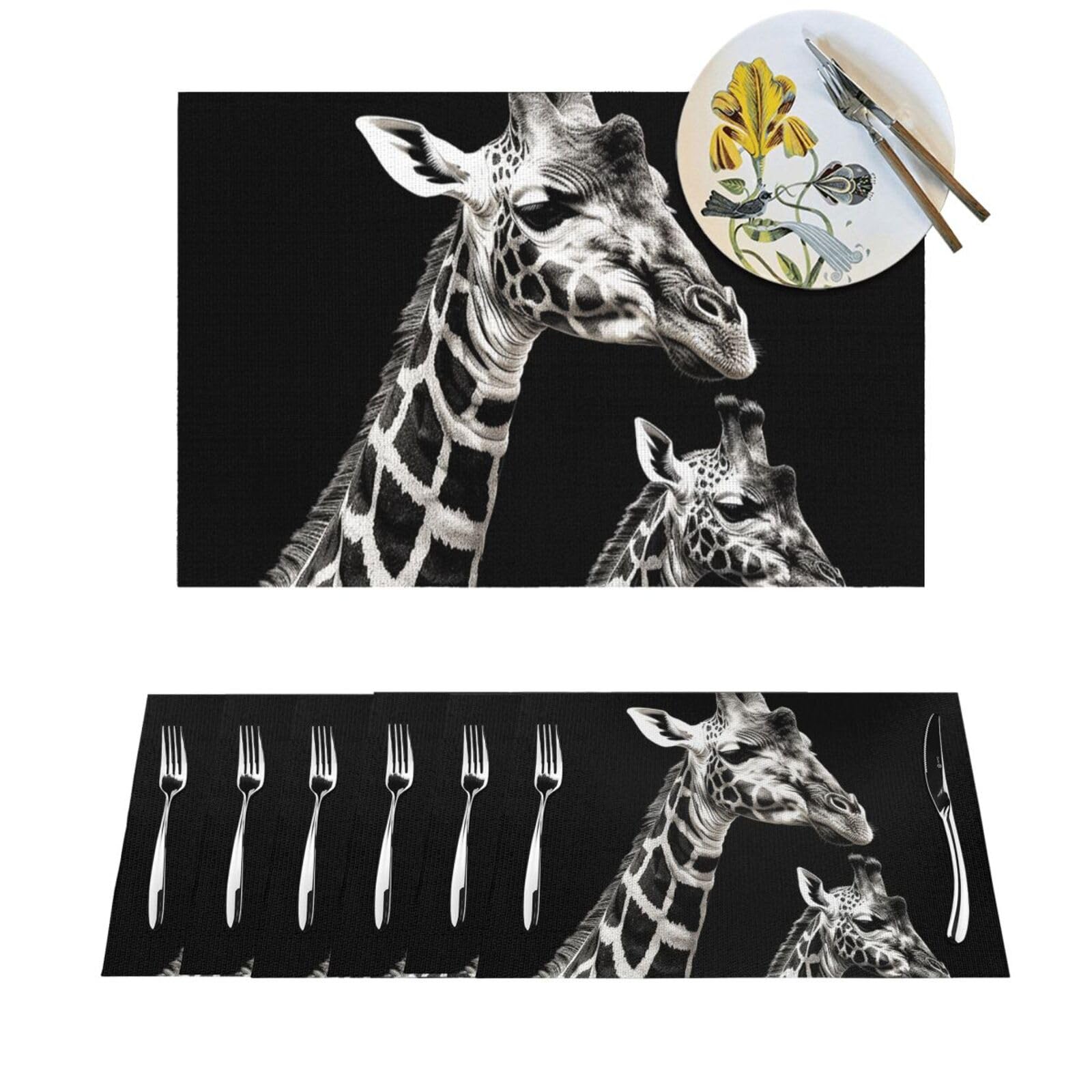 Sets de table lot de 6 en PVC tissé noir motif girafe