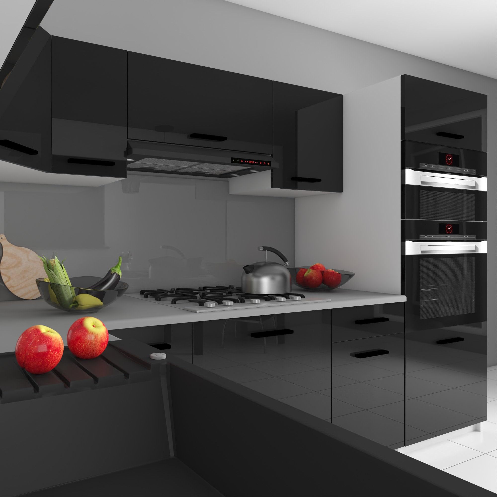 Belini Italia 8 Narożna szafka kuchenna 420cm Czarny | Narożna szafka kuchenna, białe skrzynki, ECONATURA DECOR odporna na zarysowania, bez sprzętu AGD, z blatem roboczym