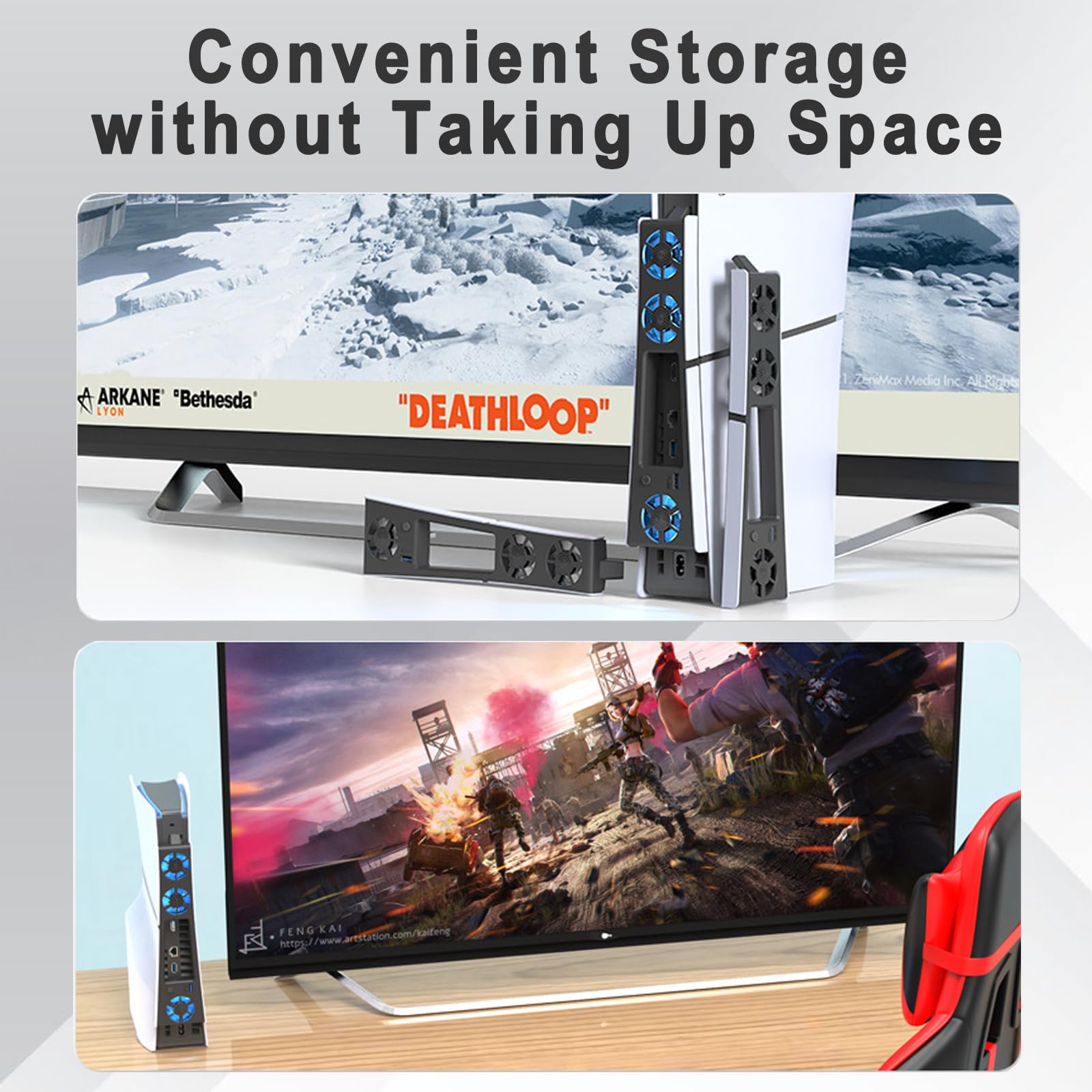 Wentylator do PS5 Slim, chłodzenie 2-stopniowe, LED, USB 3.0, kompatybilny z PS5 Slim Digital & Disc Edition