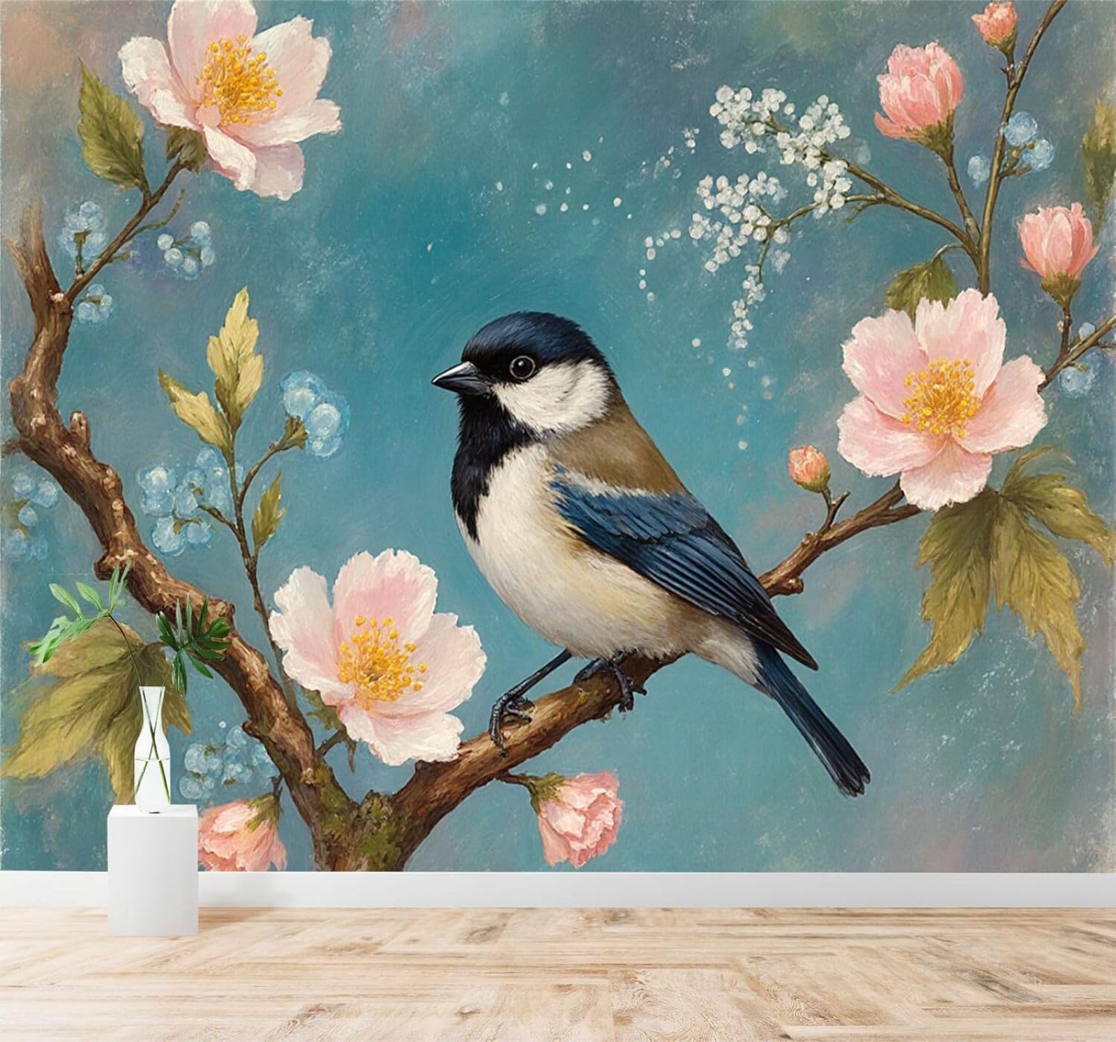 Xlming 150Cm×105Cm(B×H) Hand Painted Watercolour A Blue Tit Perched On A Branch Laden With Blossoms; A Spring Scene 3D Wallpaper Premium Textured Silk Study Dining Living Room Bedroom Sofa Tv Wall Easy Install-150Cm×105Cm
