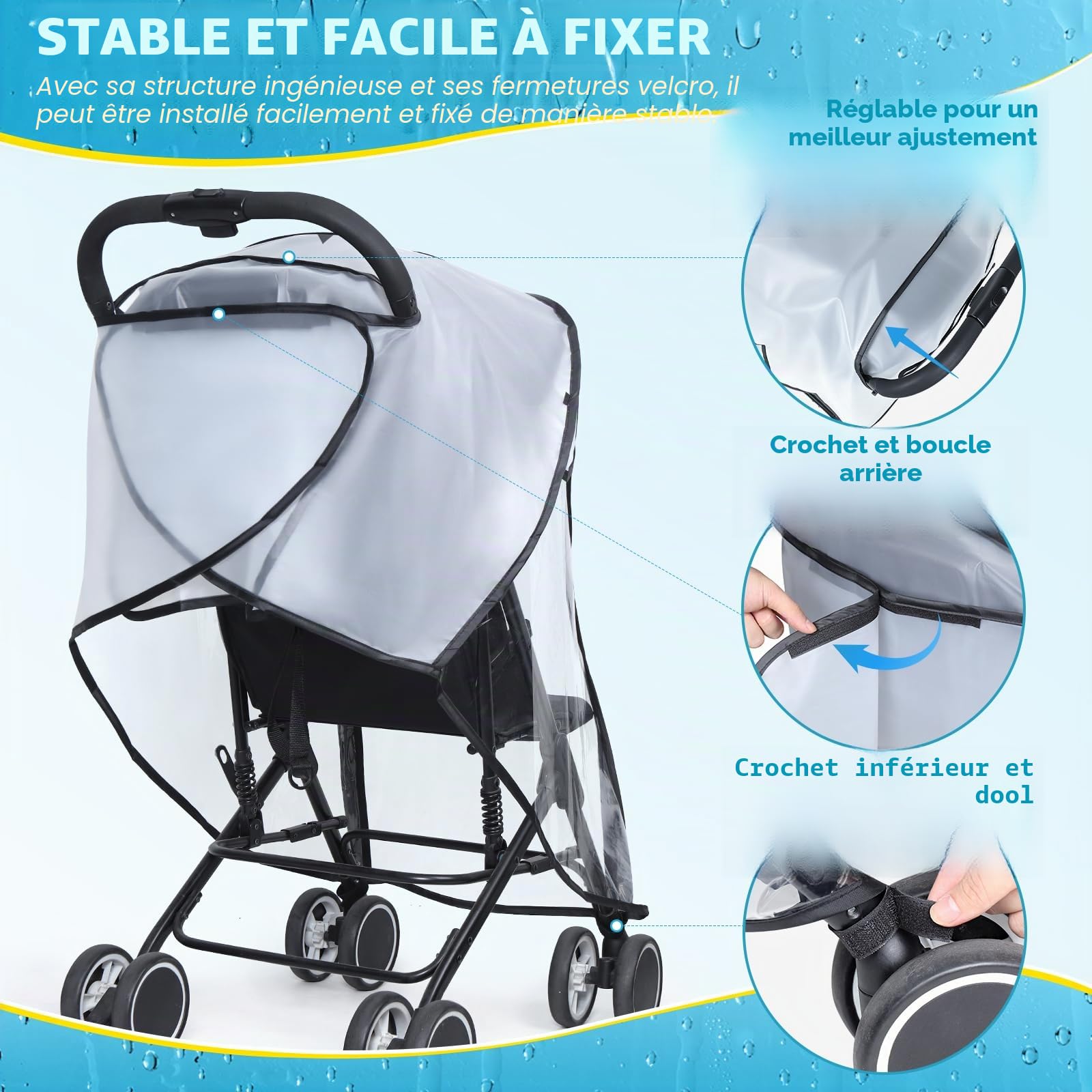 Habillage Pluie Universelle pour Poussette, Protection Pluie Transparente EVA avec Porte Enroulable