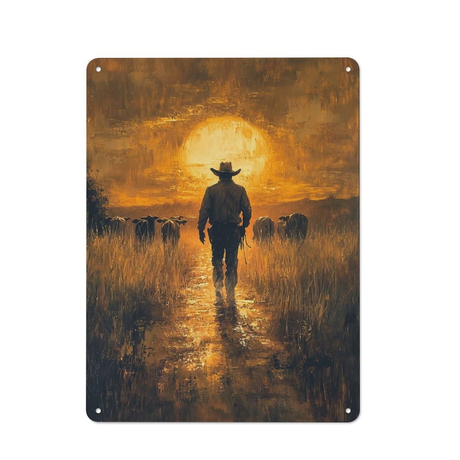 Cowboy at Sunset Metal Wall Plaque 40x30cm, Vintage Nostalgic Wall Art for Bedroom, Office, Home Bar Or Dining Room