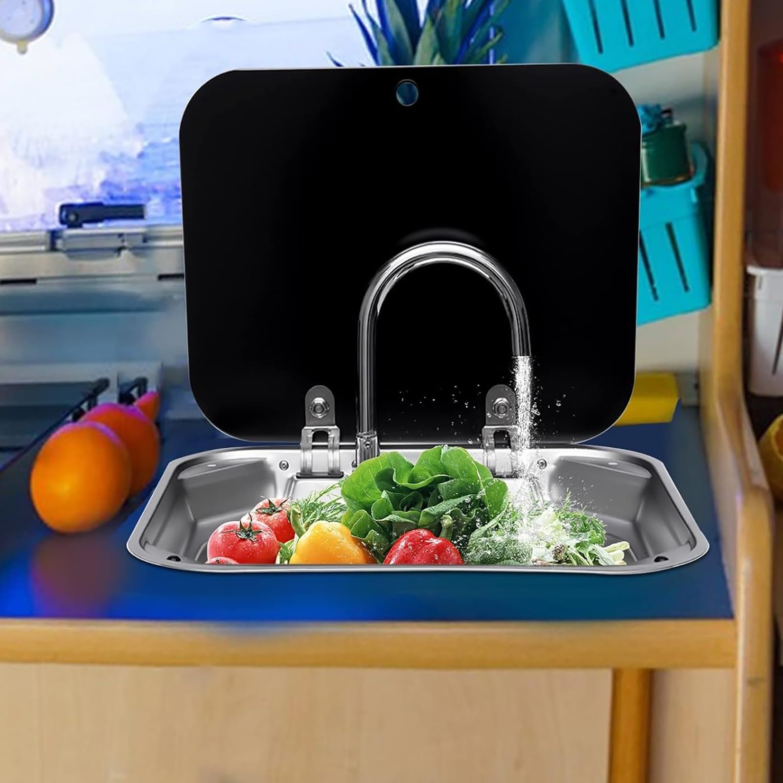 Fregadero de Cocina para Autocaravana con Grifo Plegable, Fregadero de Cocina Bajo Encimera de Acero Inoxidable 304 con Tapa, para Caravana, Remolque o Autocaravana