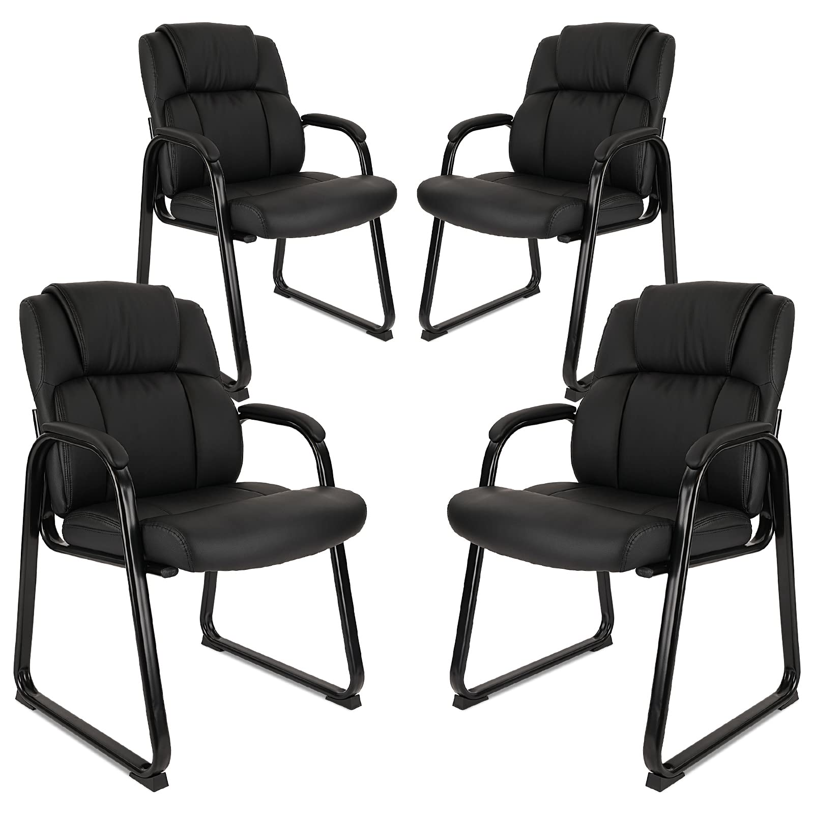 CLATINA Classic Leather Soft Reception Chair with Padded Armrests and Sled Base, Executive Guest Chair for Office Computer Desk Conference Waiting Meeting Room, Black (4 Pack)