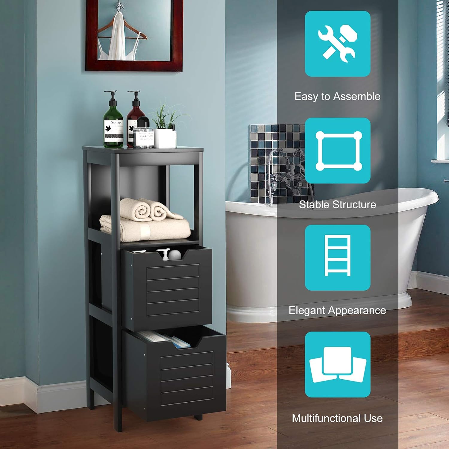 DORTALA Bathroom Storage Cabinet, Multifunctional Wooden Storage Rack Organizer w/ 2 Drawers, Space-Saving Bathroom Floor Cabinet for Living Room Bathroom Entryway, Black