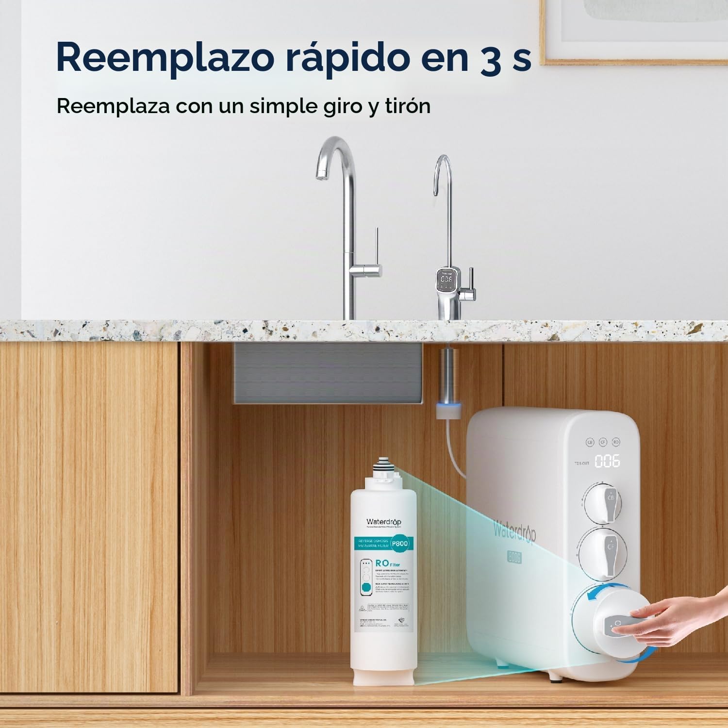 Waterdrop WD-G3P800-N2RO Filtro, Recambio para el Sistema de Osmosis Inversa sin Depósito WD-G3P800-W, Reducir los PFAS, 2 Años de Vida Util