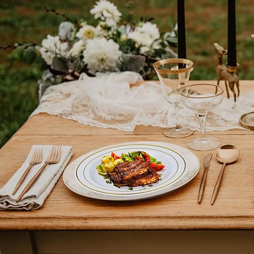 Miniatura 3 de mwellewm 160 platos de plástico para fiestas, con borde dorado blanco, elegantes platos desechables de boda de 7.5 pulgadas, redondos blancos,