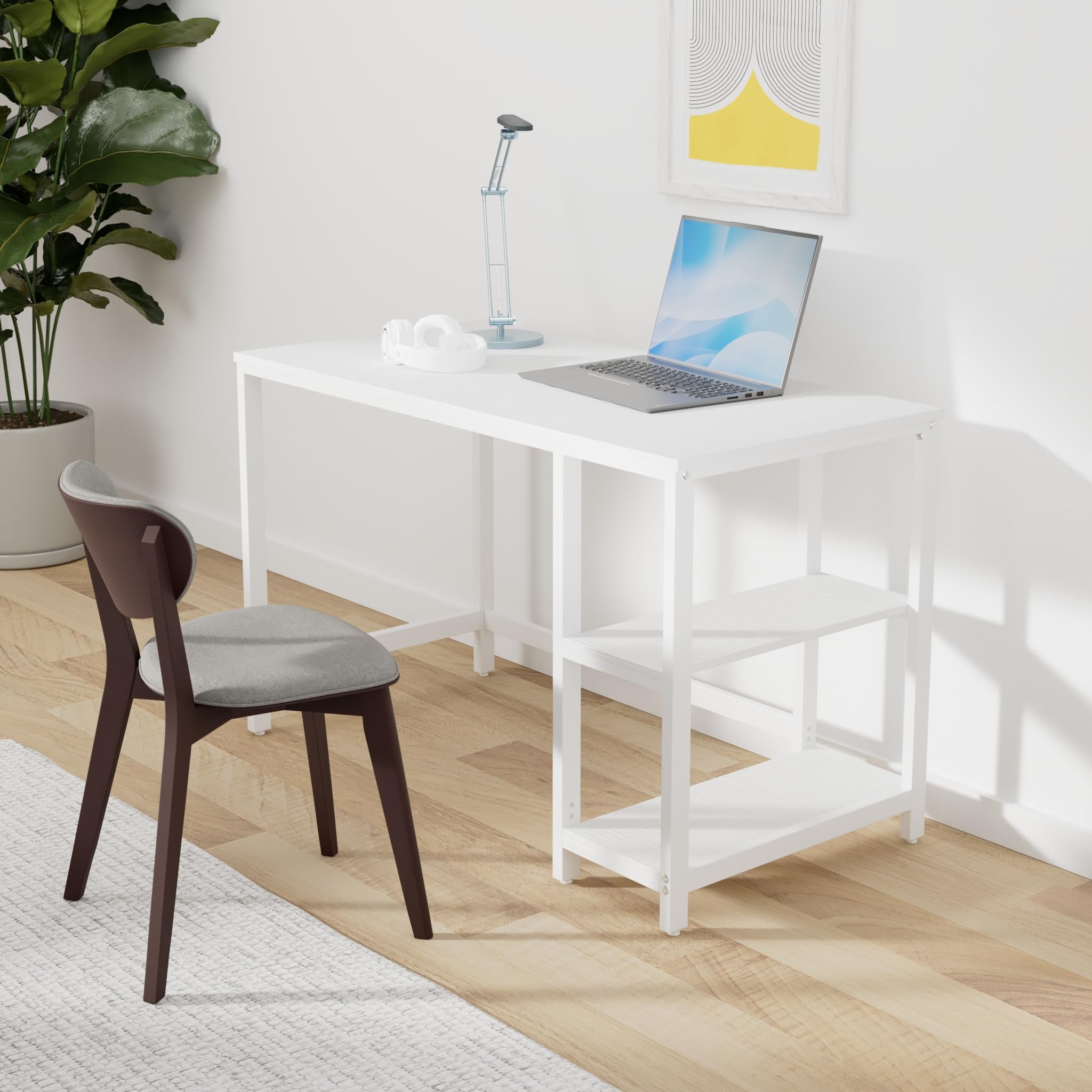 VASAGLE Scrivania per Computer, Scrittoio con 2 Ripiani a Sinistra o Destra, Tavolo da Lavoro, per Ufficio Soggiorno, Struttura in Acciaio, Moderno, Bianco d'Acero LWD047W44