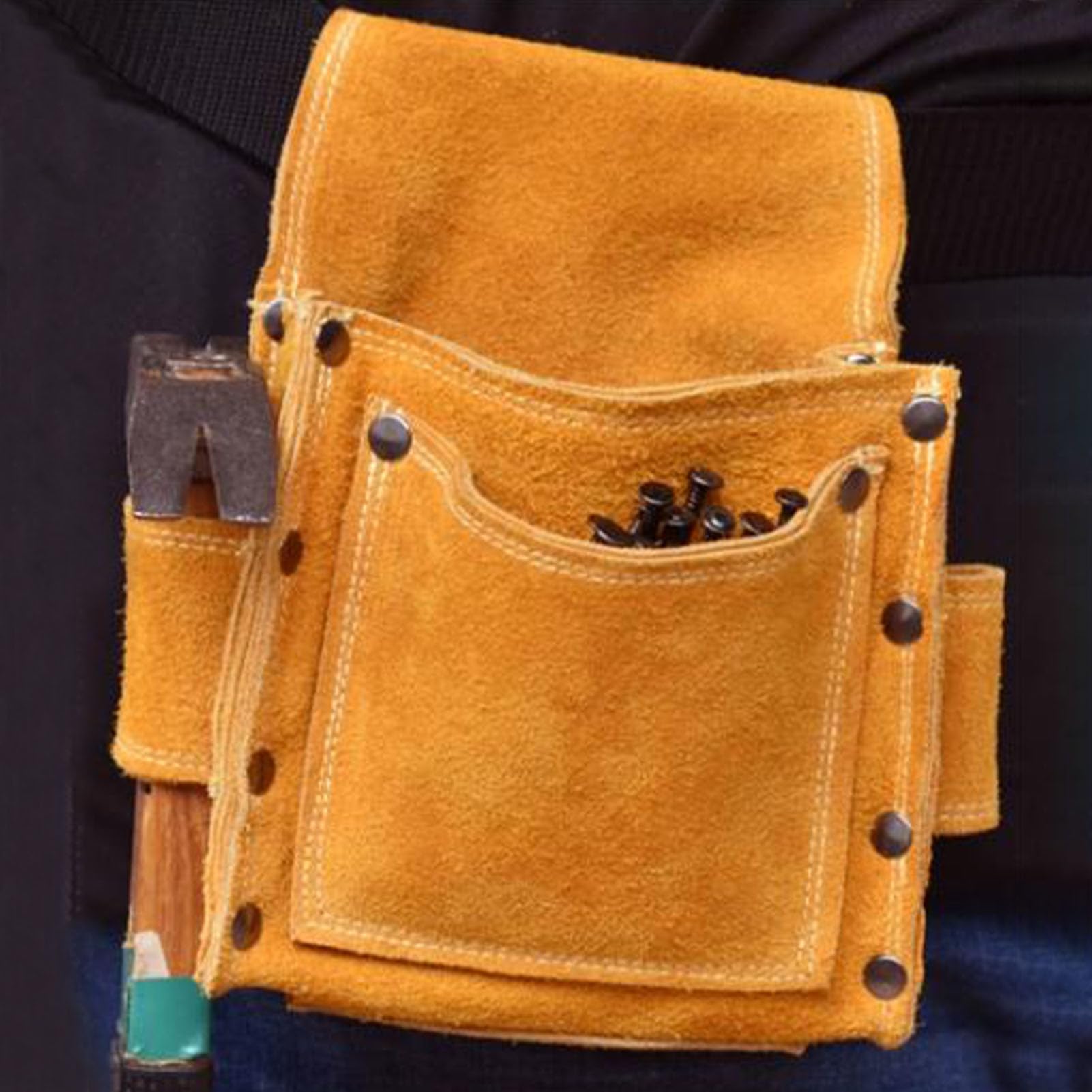 Bolsa de Herramientas de Bolsillo en la Cintura para Carpintero, cinturón de Cuero Duradero para Clavos con diseño Ajustable, Almacenamiento de Gran Capacidad para Herramientas de