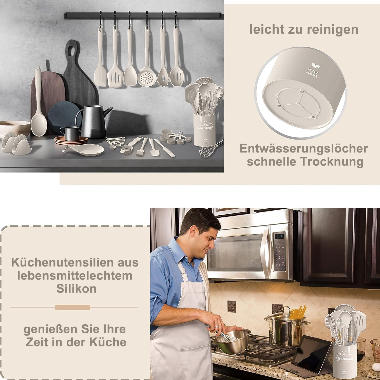 Lot De 43 Ustensiles De Cuisine En Silicone Résistant à 210°C - Avec Porte-Ustensiles Antiadhésif Kaki