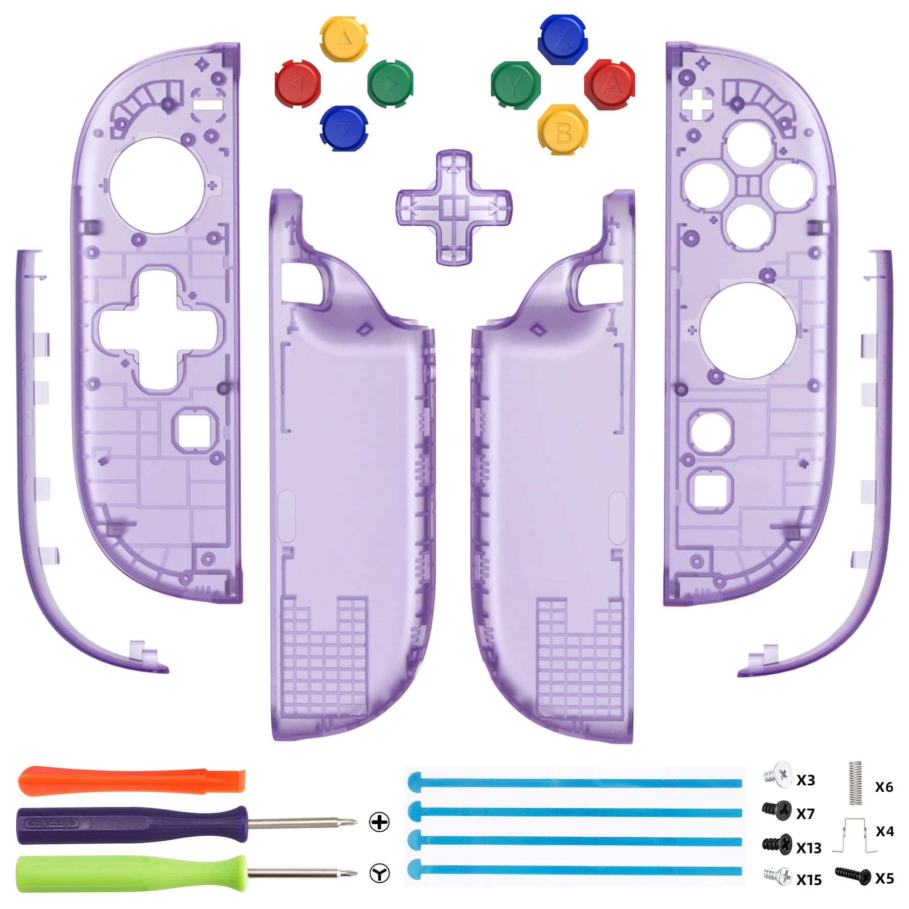 eXtremeRate Ersatz D-Pad Ver. Gehäuse Set für Switch 2 Joycon, Essence Version Custom Grips Shell/Deko Streifen/ABXY/Dpad Buttons Zubehör für Nintendo Switch 2 Joy Con-Transparent Lila