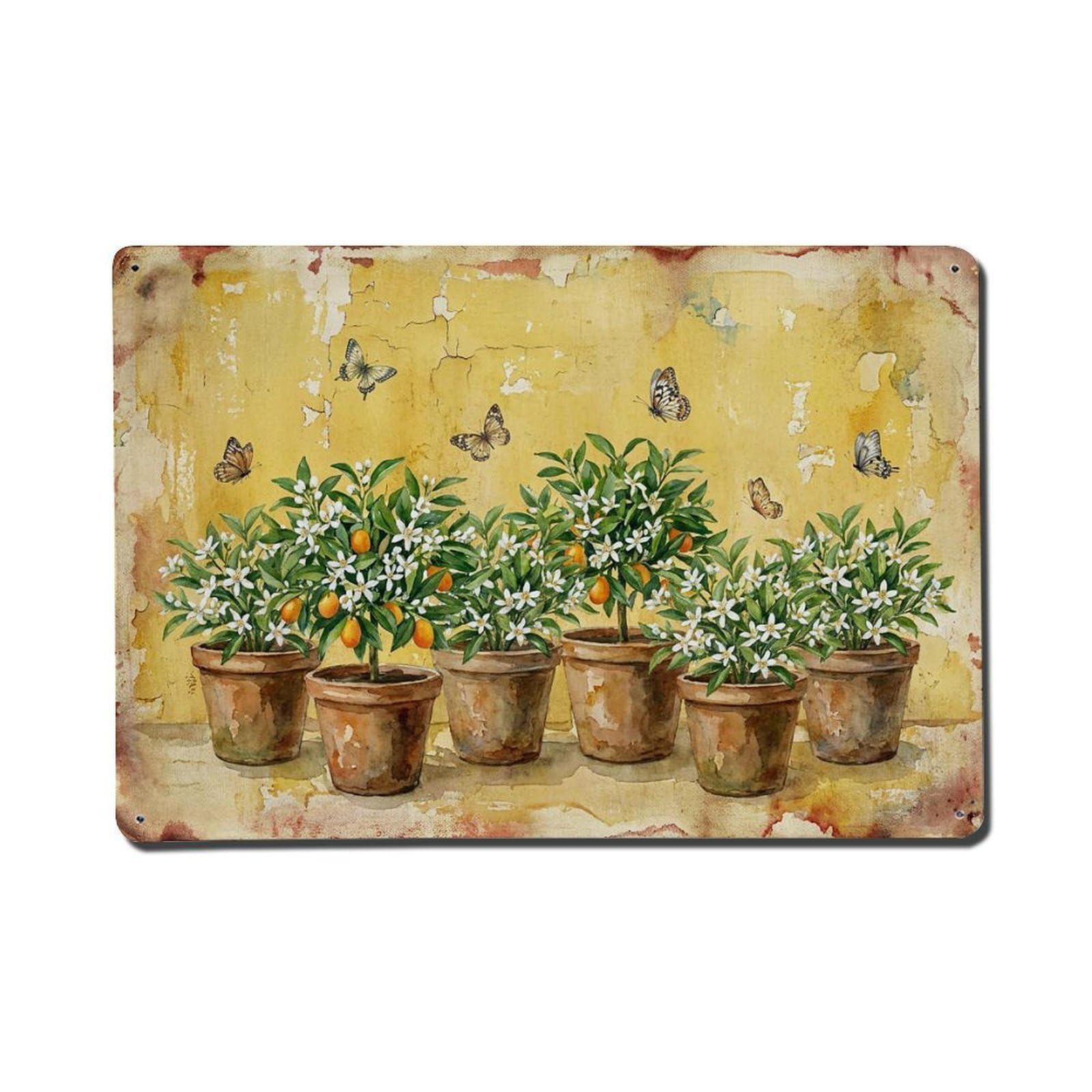 Vintage Rustic Flower Potted Plants Kumquat Metal Tin Sign