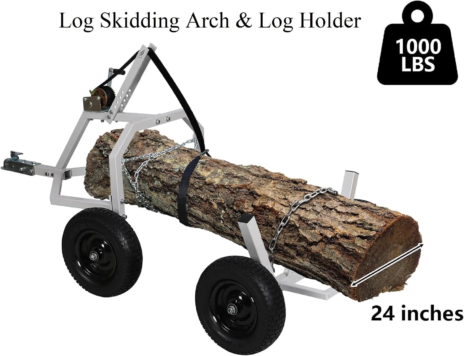 ATV Log Skidding Arch & Log Holder Set, 1500 Lb. Capacity, 24in. Dia. Capacity, Heavy Duty Steel Rustproof Log Dolly with 16" Tires, ATV Log Dolly Log Holder for Farm Tree Work Wood Transport