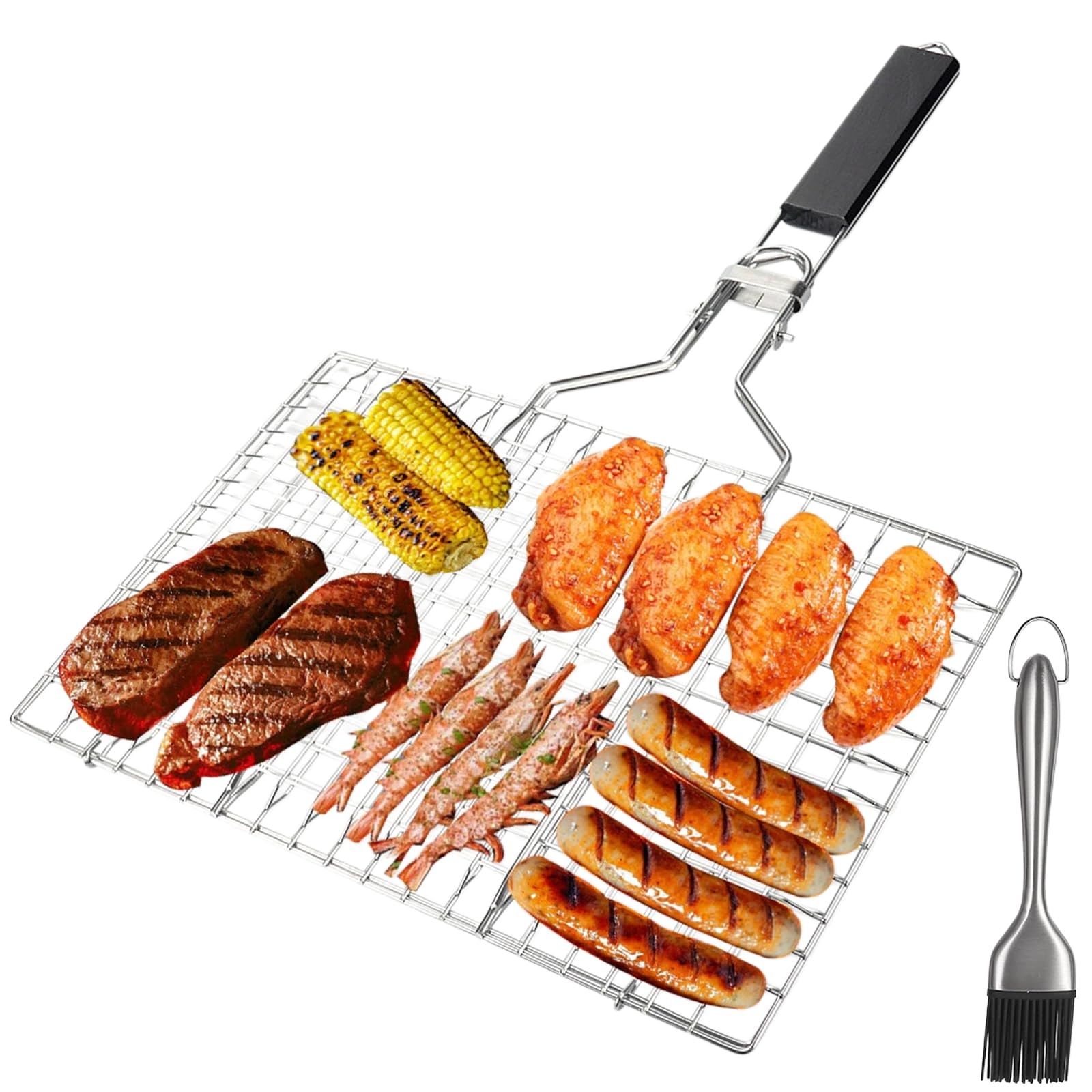 Panier à Rôtir à Poisson, grille de 34 x 32 cm avec brosse en silicone, pince à poisson pliable,Panier de barbecue avec poignée amovible Pour le camping et les grillades poissons légumes crevettes