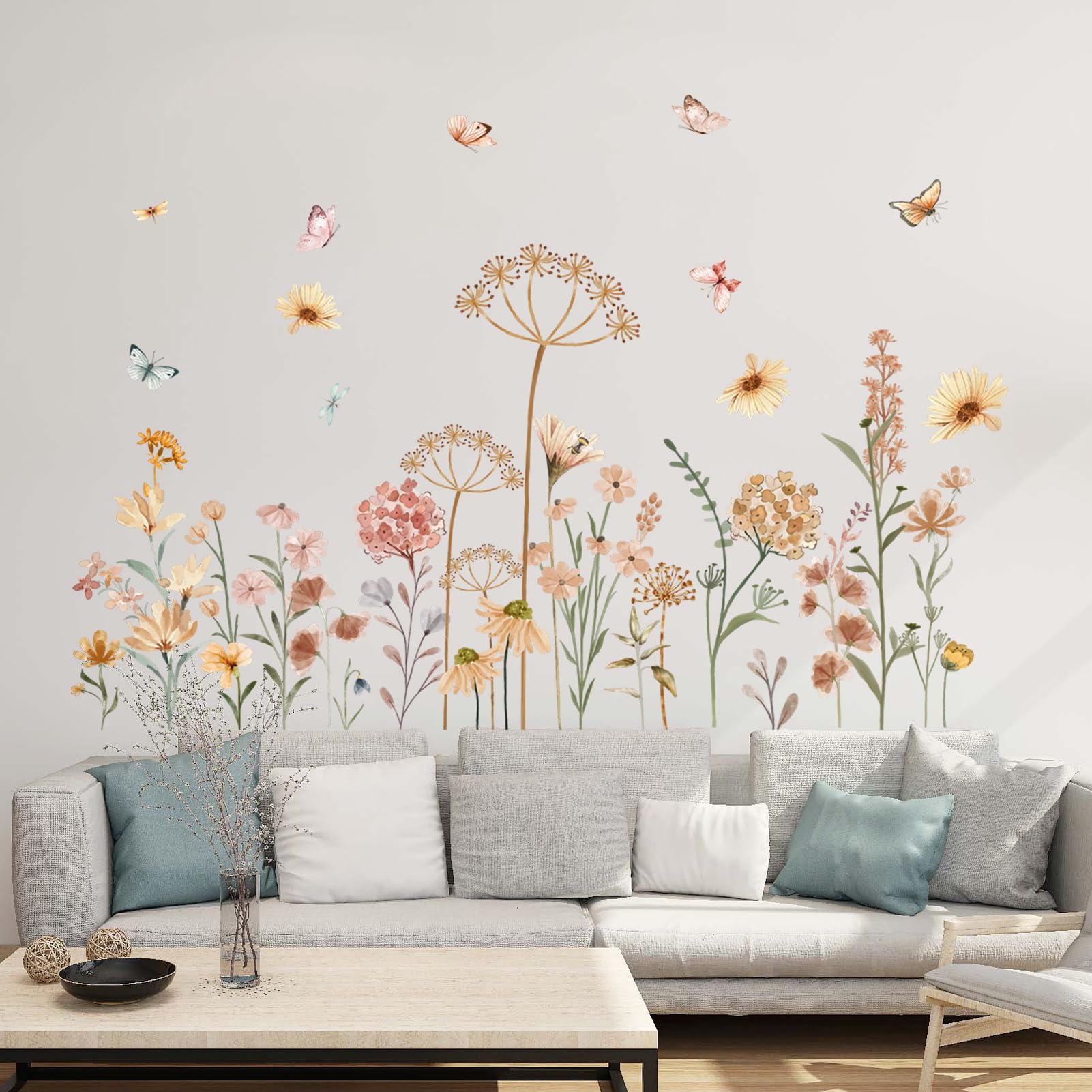 Boho Flower Wall Stickers for Bedroom: Peel and Stick Wildflower Floral Butterflies Wall Stickers - Image 4