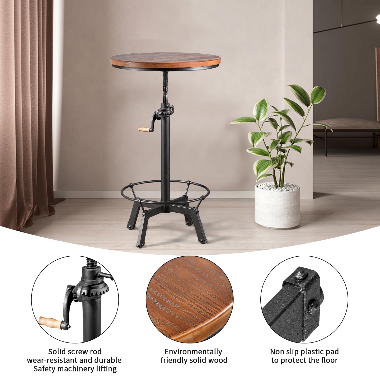 LOKKHAN 33,5-39,4 Zoll hoch industrielle Bar Tisch-verstellbare Bar Höhe Bistro Whiskey Pub Tisch-23,7“ Dia Swivel Runde Holz Oben Metall Basis-leicht durch Kurbel angepasst