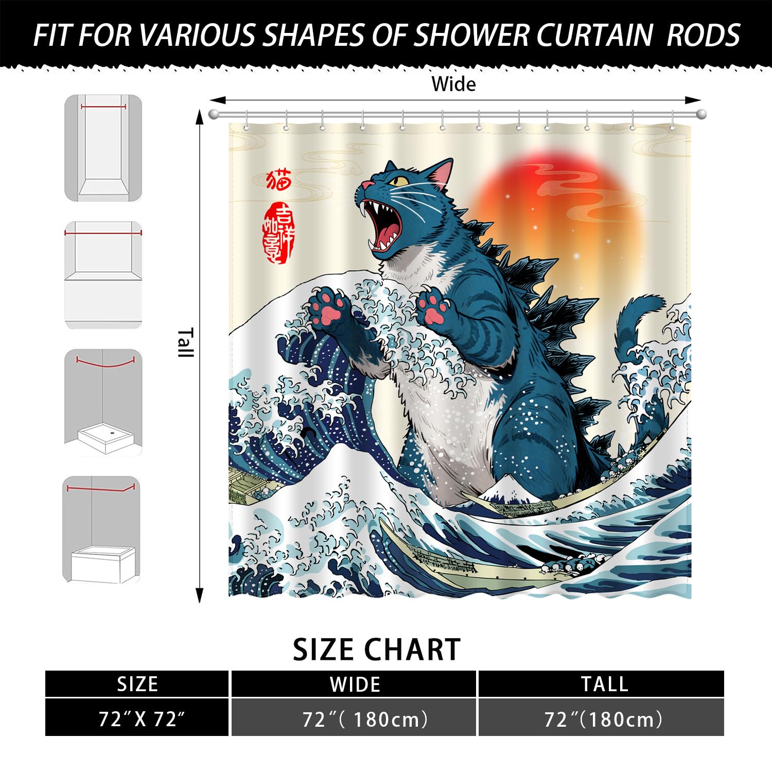 XUXWHWY Cat Monster Dinosaur Shower Curtain Set, Funny Japanese Anime Sun Ocean Waves Kids Home Bathroom Decor Waterproof Fabric Bath Curtain with 12 Hooks 72x72 Inches