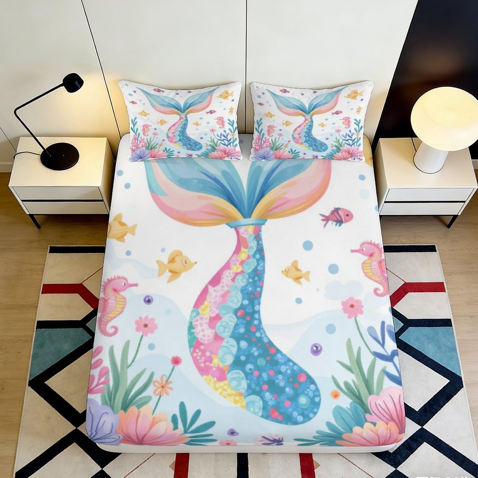3D Printed Mermaid Tail Fitted Sheet Microfiber Soft Breathable Underwater Scene Bed Cover for Bedroom Dormitory Guest Room Mattress Protection Decor 160x200x25cm