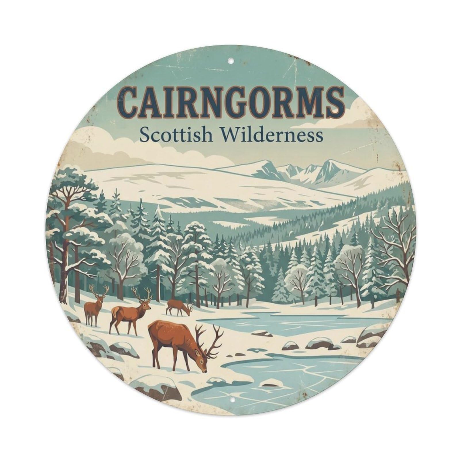 Vintage Travel Cairngorms Scotland Mountains Metal Tin Sign Plaque Wall Decor for Cafe, Club Bar, Office, Home Garden Round Metal Poster 8x8Inch