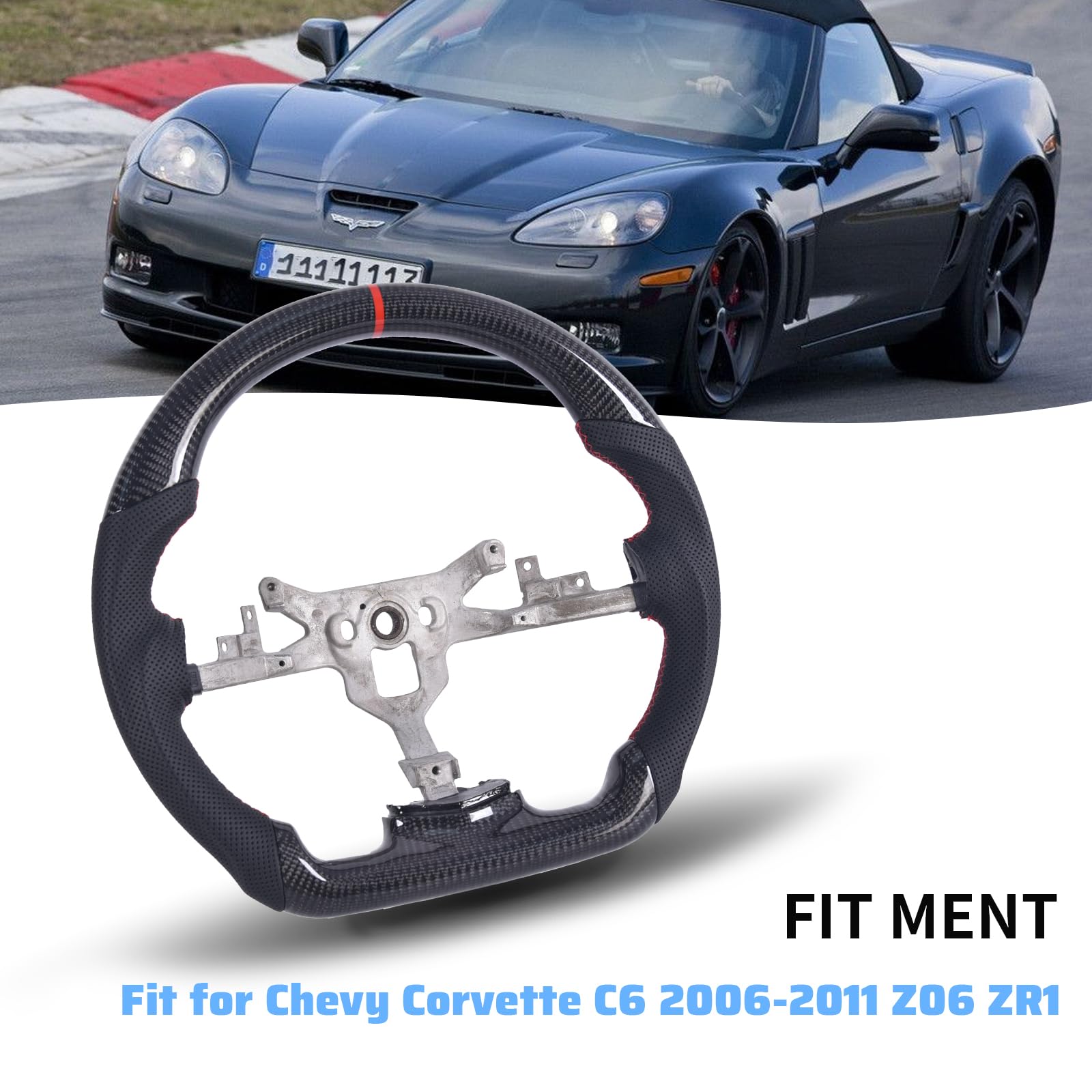 EASSAFEX Real Carbon Fiber Steering Wheel for Chevy Corvette C6 2006-2011 ZR1 Z06, D-shaped Flat-bottom Perforated Leather Grip