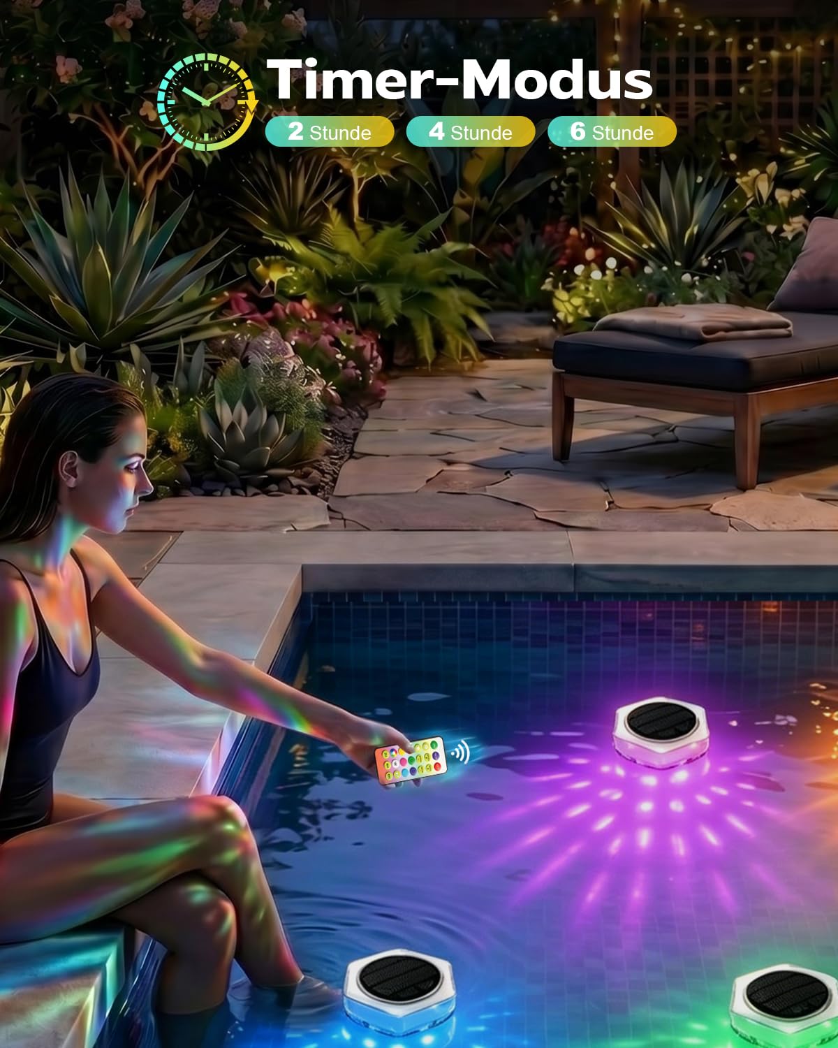 2 Stück Solar Poolbeleuchtung,RGB, Helligkeitsstufen,Timer, 3 Modi, Schwimmende Pool beleuchtung Lichter,Beleuchtung und Dekoration für Badewanne, Garten, Teich, Springbrunnen und Schwimmbad
