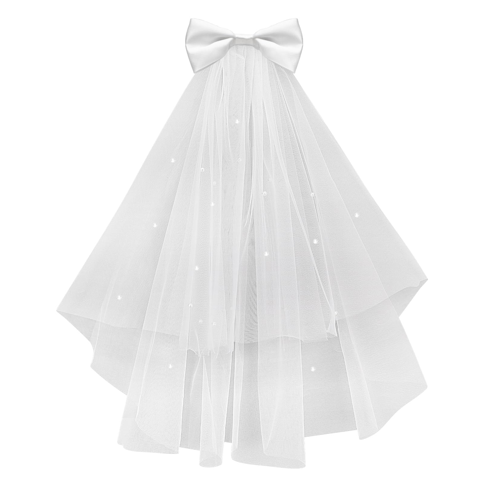 Cerun 1 Pcs Luxury Wedding Veil Short Veil Bachelorette Party Bridal Veil Wedding Bow-Knot Veil White Tulle Hair Clip Tulle Wedding Party Hair Accessories for Women and Girls-image-0
