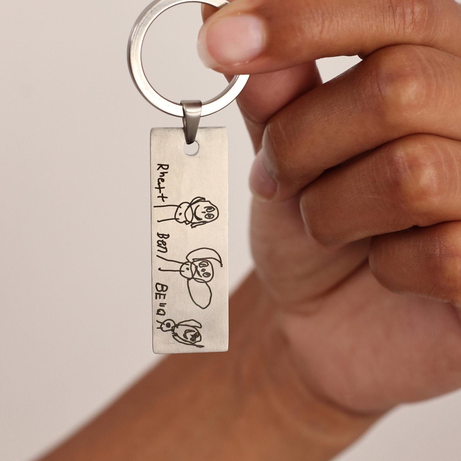 niño dibujo llavero Acero inoxidable personalizado con aniversario hecho a mano de cuero
