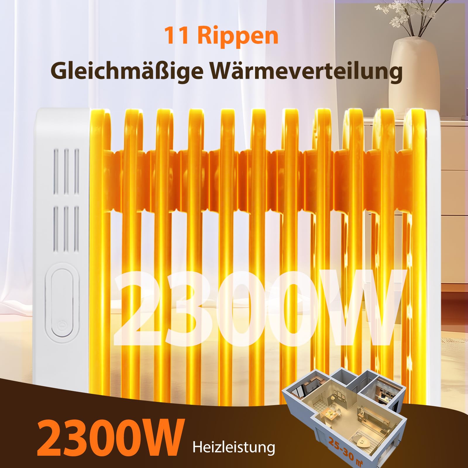 Aigostar Energiesparend Ölradiator mit Fernbedienung, 3 Modi, 24h Timer | 2300W, 11 Rippen Heizung Elektrisch mit Thermostat, LED-Anzeige, Kipp & Überhitzungsschutz, Mobiler Radiator Heaters for Room