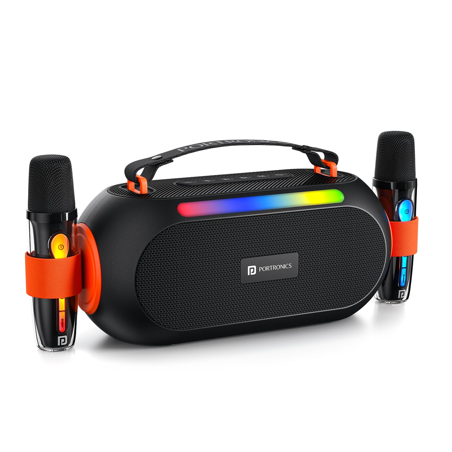 Portronics 25W Apollo 20 Wireless Bluetooth Portable Speaker with Dual Wireless Karaoke Mic, 5 Hour Playtime, RGB LED Light, Bluetooth V5.4, Easy Grab Handle, USB-A Port, Type C Charging(Black)