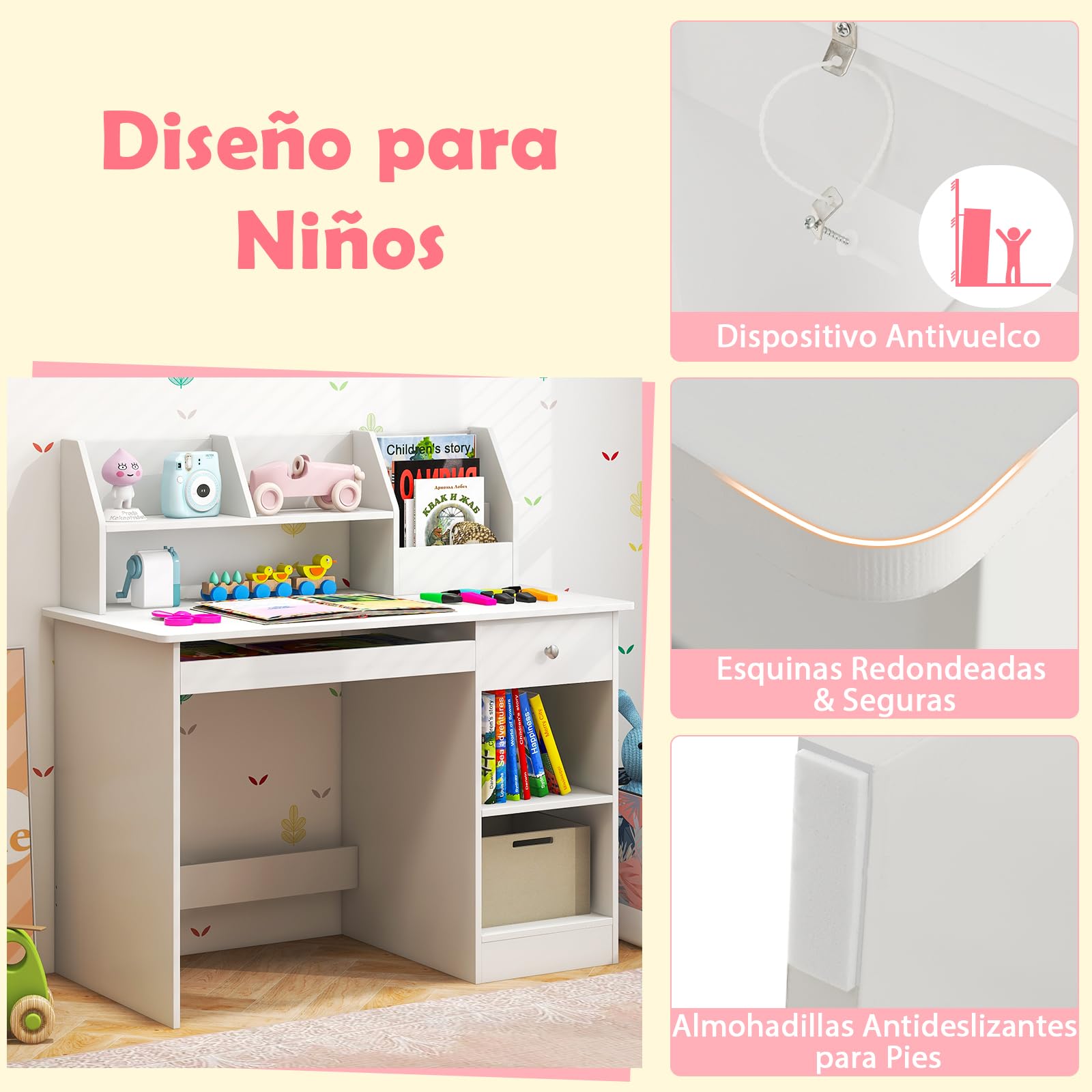 GOPLUS Escritorio Infantil de Madera con Cajón, Mesa Juvenil con 4 Estantes Abiertos, Bandeja para Teclado, 3 en 1 Escritorio para Niños con Dispositivo Antivuelco, 90 x 45 x 90 cm (Blanco)