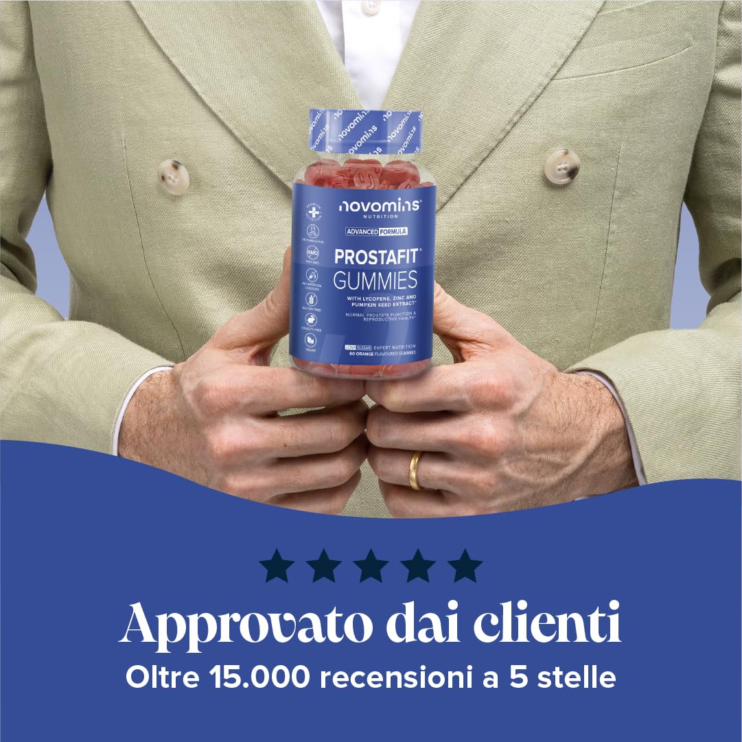 Prostafit Gommose Uomo - con Saw Palmetto, Semi di Zucca, Ortica, Zinco e Selenio - Testosterone e Fertilita (Zinco), Spermatogenesi (Selenio) - 60 Gommose Gusto Arancia - Novomins
