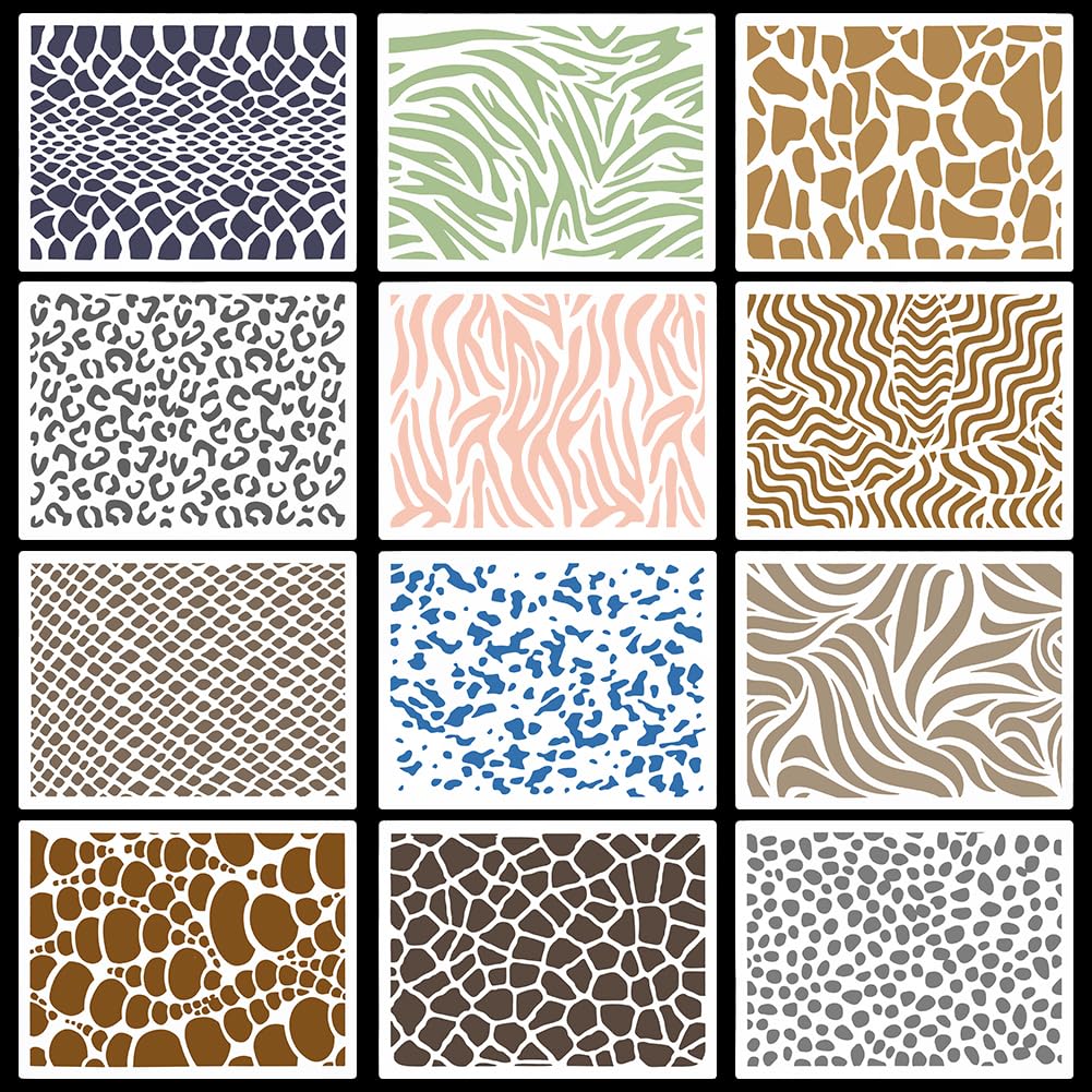 GORGECRAFT12PCS Animal Skin Templates 21x15cm Leopard Painting Stencils Zebra Cheetah Milk Cow Snake Skin Stripe Crackle Texture Stencil Reusable Drawing Templates for Wood Tile Floor Canvas Decor