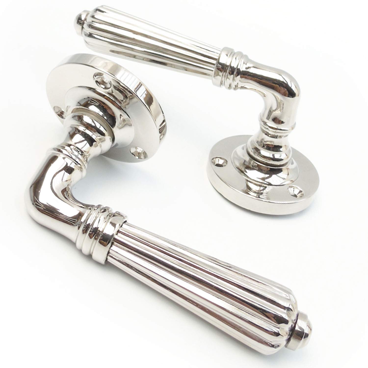 Jones & Grey Polished Nickel Finish Vintage Antique Regency Reeded Lever Door Handles on Rose