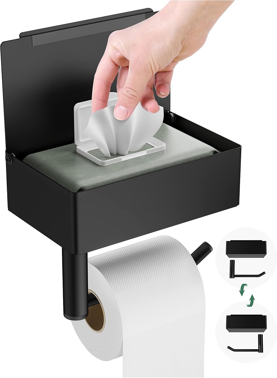 Toilet Paper Holder with Shelf, Suncleanse Large Black Toilet Paper Holder with Flushable Wipes Dispenser, 3 in 1 Adhesive or Screw Wall Mounted Toilet Paper Holder with Storage Black/Wall Mount