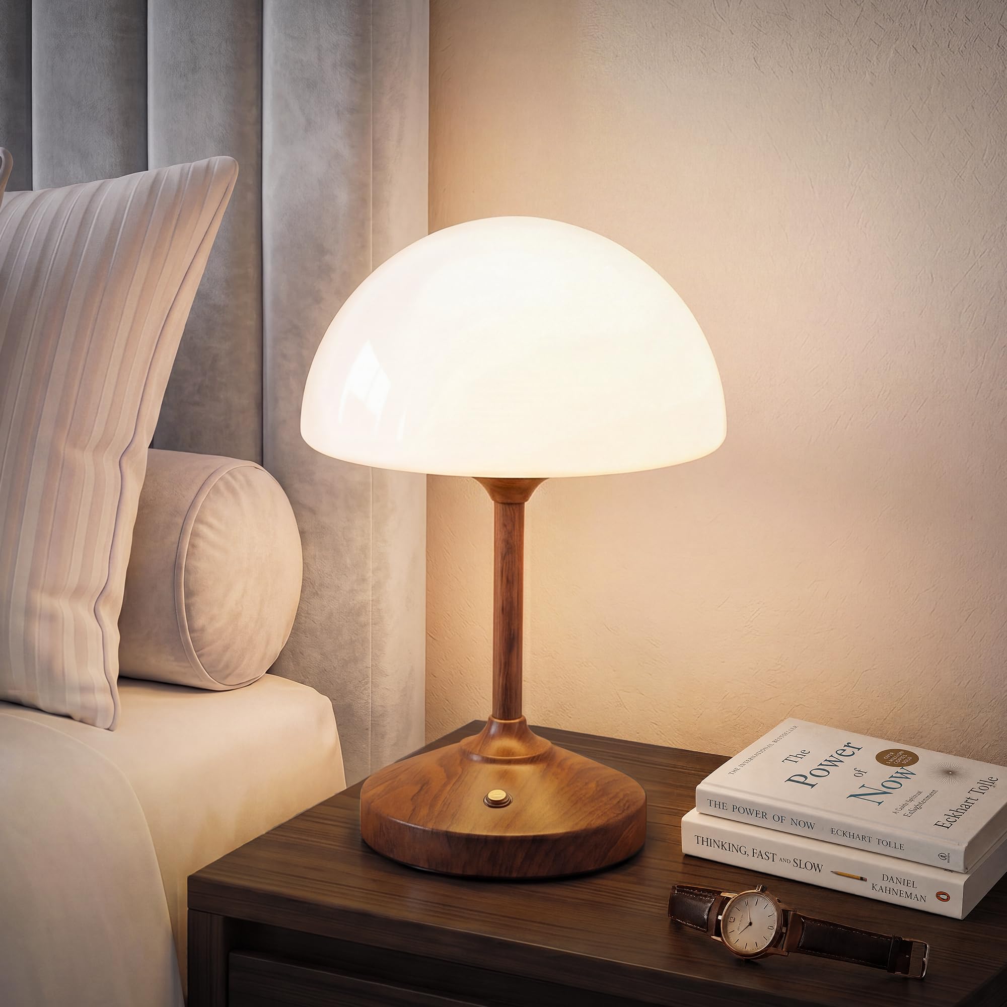 Dawnwake Mushroom Lamp Table Lamp Waterproof, Cordless Rechargeable Battery Lamp for Bedroom, 5000mAh Touch LED Lamps for Living Room, Bathroom, 3 Level Dimming Small lamp, Walnut Wood Grain