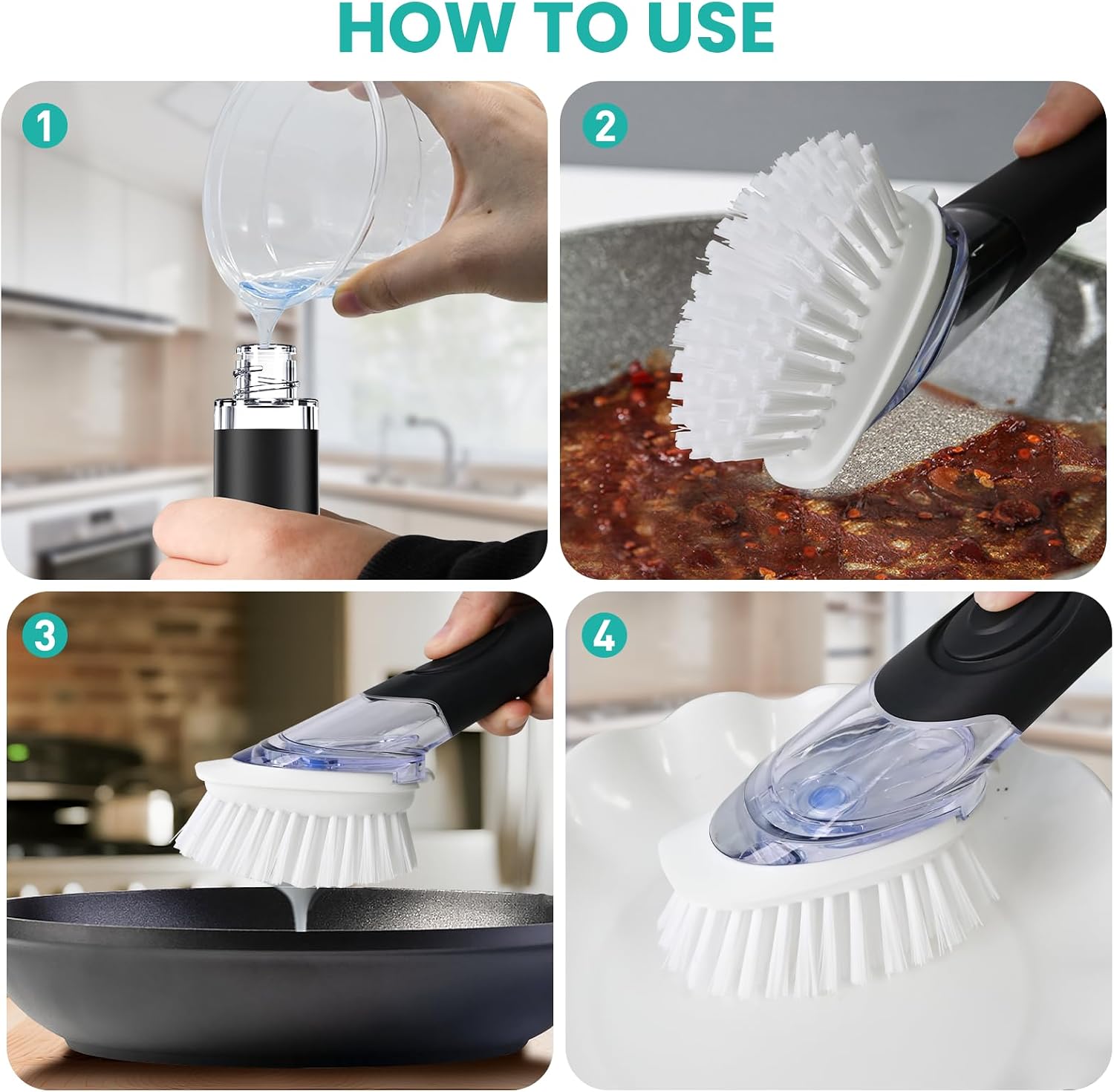 Soap Dispensing Dish Brush, Dish Scrub Brush with Soap Dispenser, Dish Soap Brush for Dishes, Pans, Sink, Pots