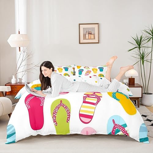 Miniatura 5 de Erosebridal Juego de ropa de cama con diseño de dibujos animados y chanclas kawaii, juego de cama matrimonial con temática de vacaciones de verano,