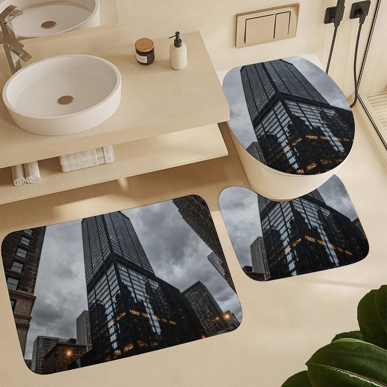 4 Piece Bathroom Rug Set with Shower Curtain, Non-Slip Bath Mat Toilet Cover Set, Chicago Towers Bathroom Rug Sets