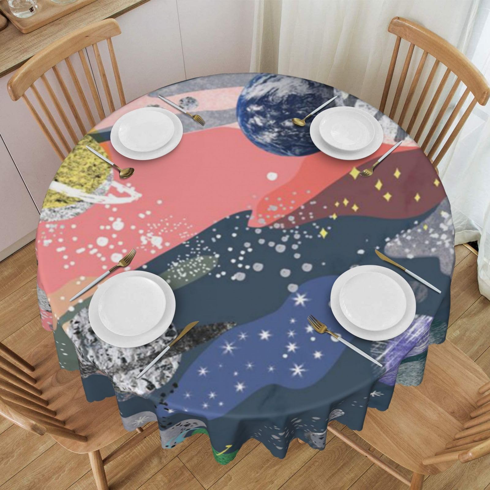 DCEHGEW 60 In Round Tablecloth with Lace, Planet Printed Oilproof & Washable Fabric Picnic Table Cloth Table Covers