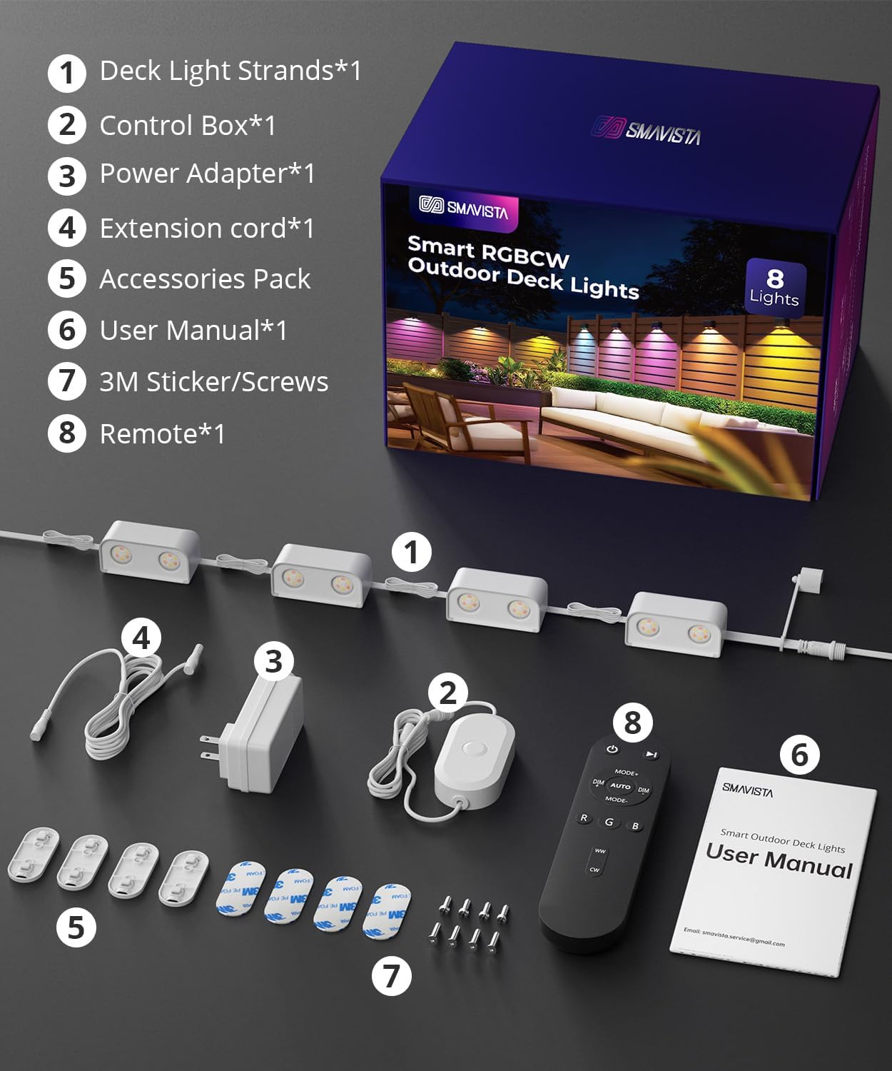 Outdoor Deck Lights 8 Packs, Smart RGBCW Fence Light, 100+ Scene Modes, Dual Lens LED String Lights with APP/Voice/Remote Control, IP65 Waterproof for Halloween Christmas Decor, 52ft White