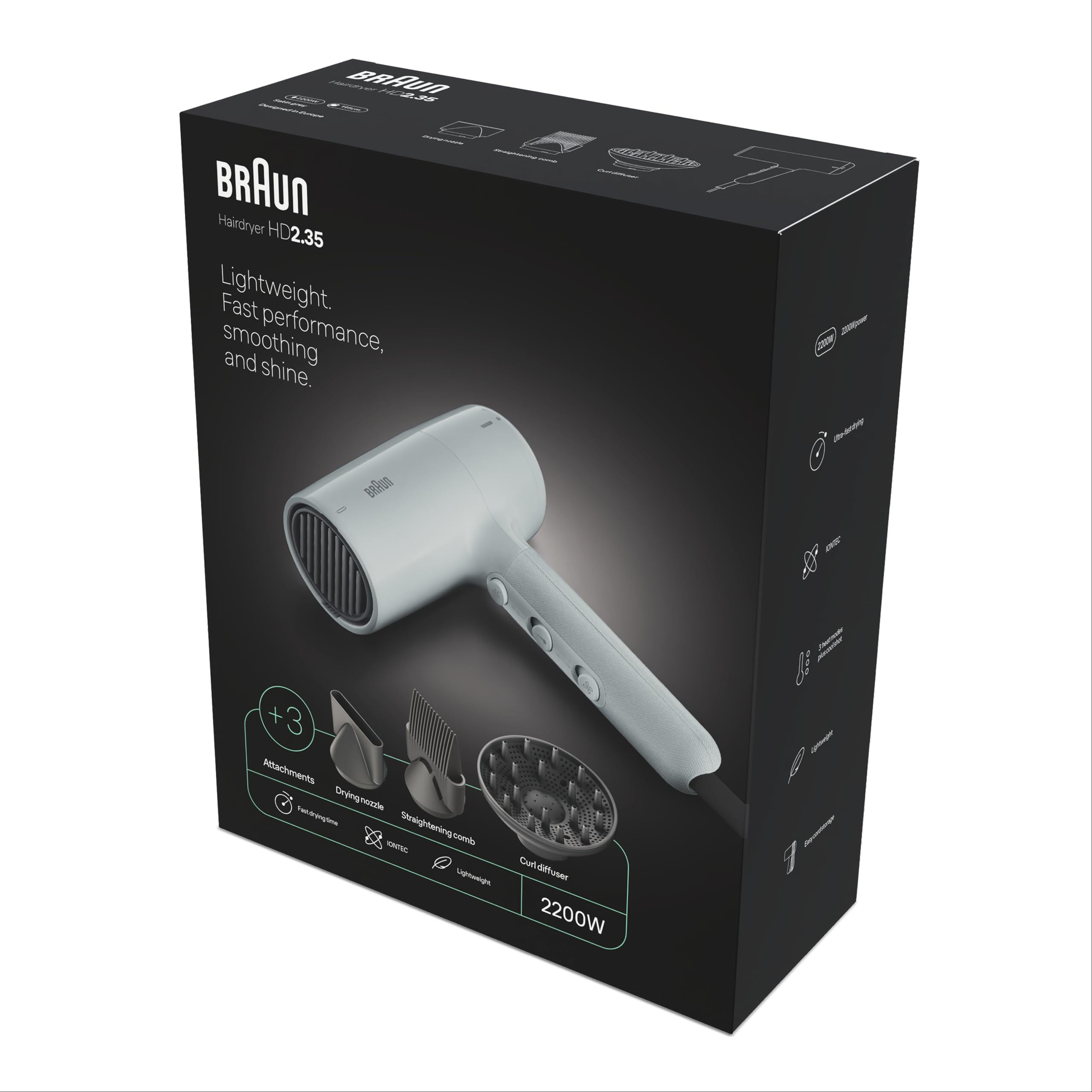 Sèche-Cheveux Braun HD2.35, Puissant avec Diffuseur, Peigne Lisseur et Concentrateur, Technologie IONTEC, Moteur 2200W avec 3 Réglages de Températures et 2 Vitesses, Finition Gris Satiné, BRHD235E