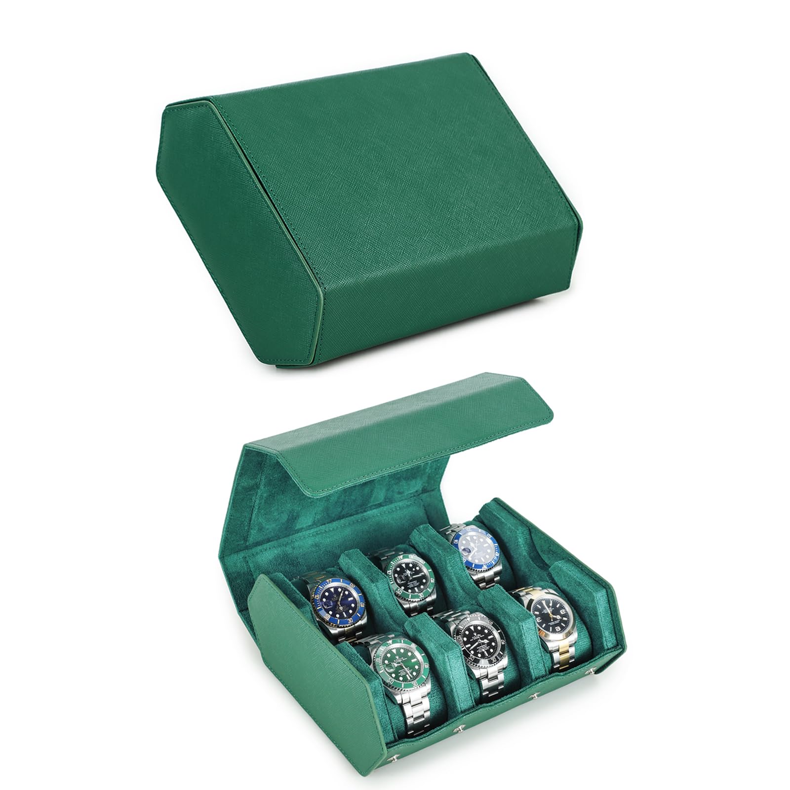NFBCXUTKW Hiram Hexagon Watch Case Genuine Saffiano Leather Watch Box for 6 Watches, Leather 6-Slot Watches Protective Storage Case Watch Display Organizer for Men (Green)