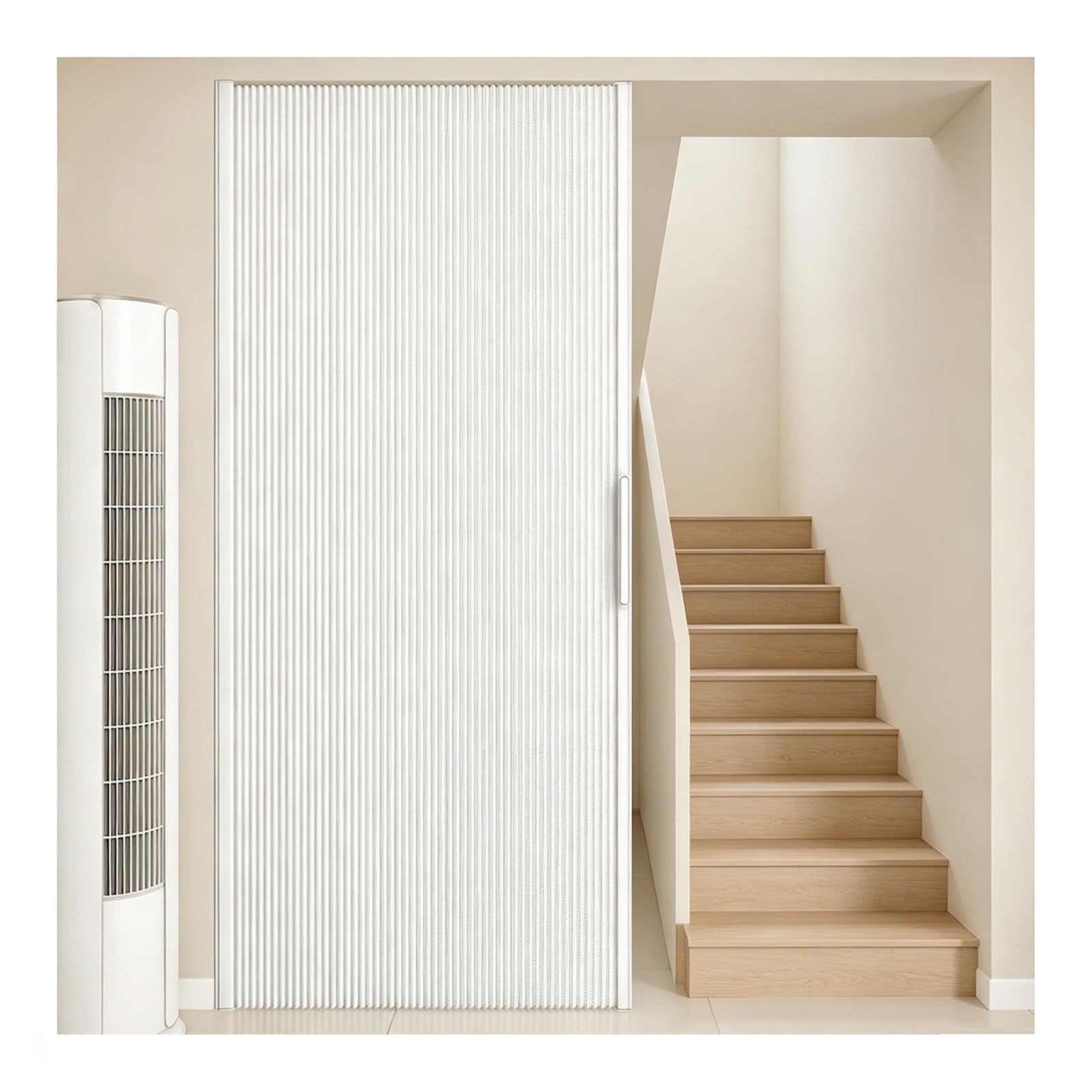 Kphymod White No Drill Folding Accordion Door For Staircase, No Bottom Rail Honeycomb Partition Curtain Door, Renter Friendly Privacy Screen Divider(,H 200Cm - W 160-210Cm)