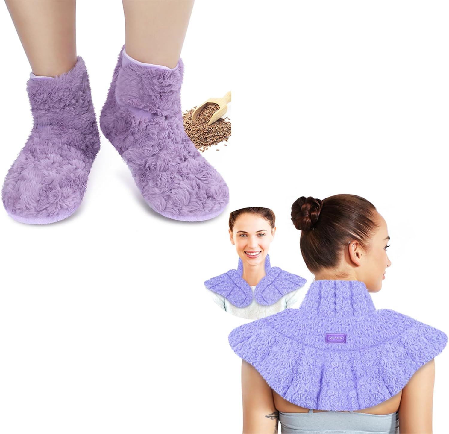REVIX Microwavable Booties and Hot Feet Warmers for Women & Men L and Microwave Heating Pad for Neck and Shoulders Back Pain Relief