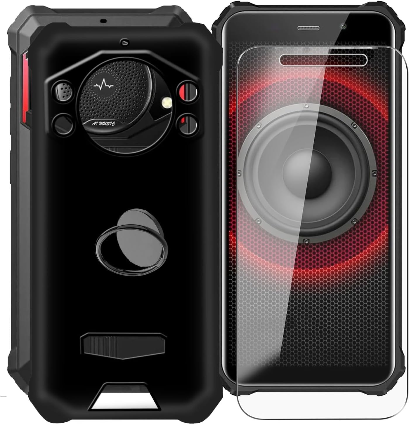 for Fossibot F101 Pro Case, [ 1 x Tempered Glass Protective Film], Shockproof Soft TPU Bumper Cover, with [360° Rotation Ring Kickstand] Phone Case for Fossibot F101 Pro (5.45") - Black
