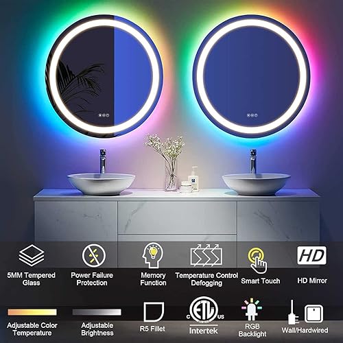 Miniatura 3 de Espejo de baño LED, espejo RGB de baño iluminado, control táctil, antivaho, función de memoria, espejo de tocador retroiluminado RGB para el hogar,