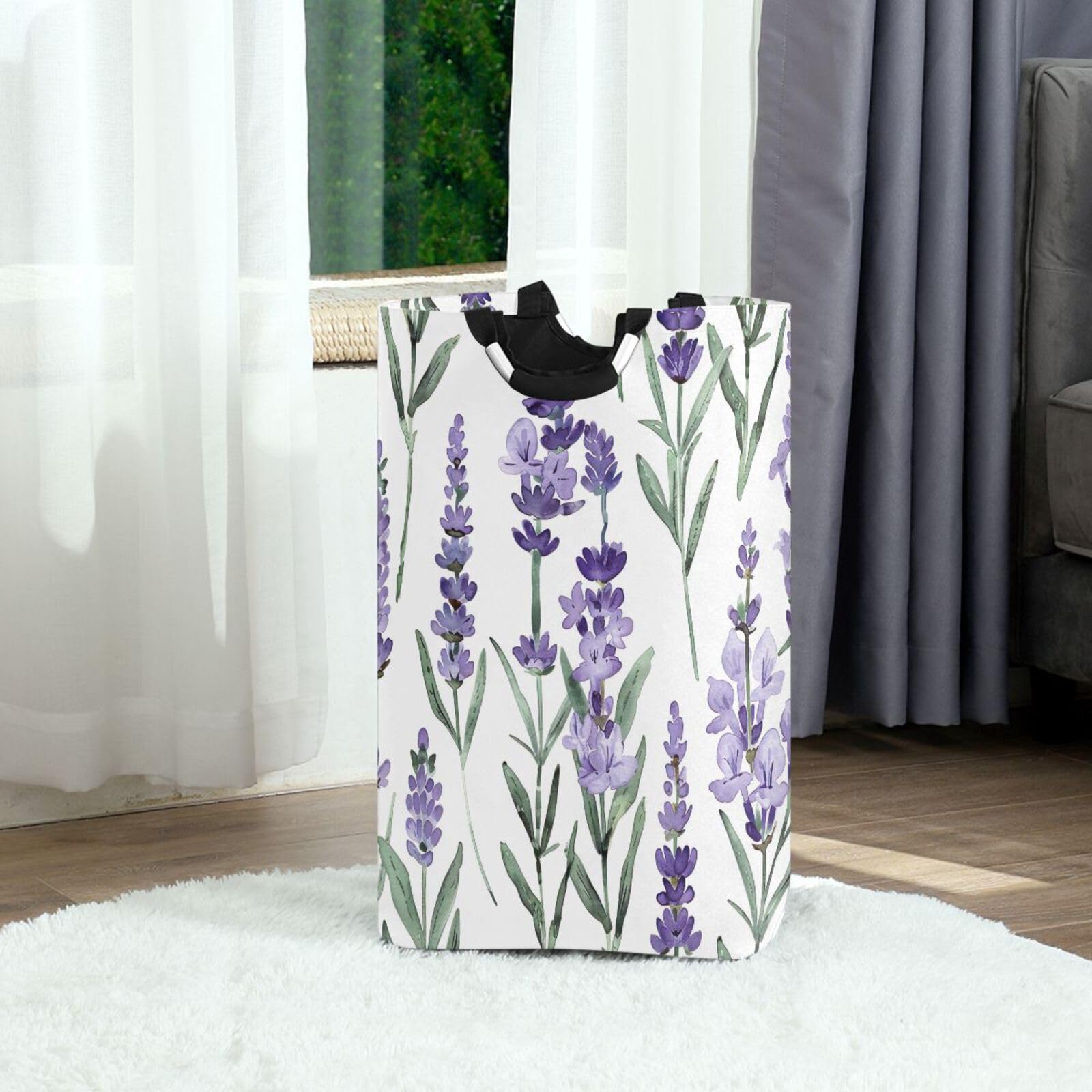 Jihqo Laundry Hamper Basket Lavender and Leaf Collapsible Nursery Storage Bin Waterproof Clothing Baskets for Home Bedroom Bathroom Washing Room