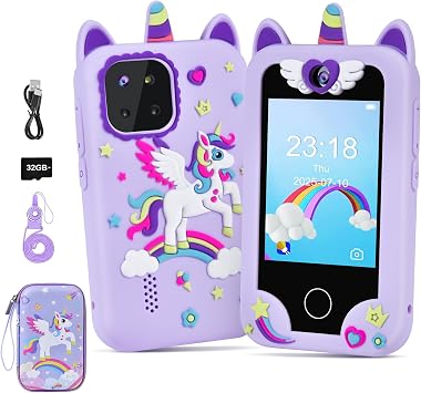 Kids Smart Phone, Toddler Unicorn Phone Toys for 3 -10 Year Old Kids, Mobile Phone Toy with Dual Cameras, 2.8 Inch Touchscreen, Learning, Music Player, Games, 32 GB Card and Bag Purple