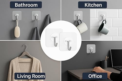 Miniatura 8 de Ganchos de pared adhesivos resistentes, acero inoxidable transparente, paquete de 12 – carga máxima de 24 libras, ganchos reutilizables impermeables