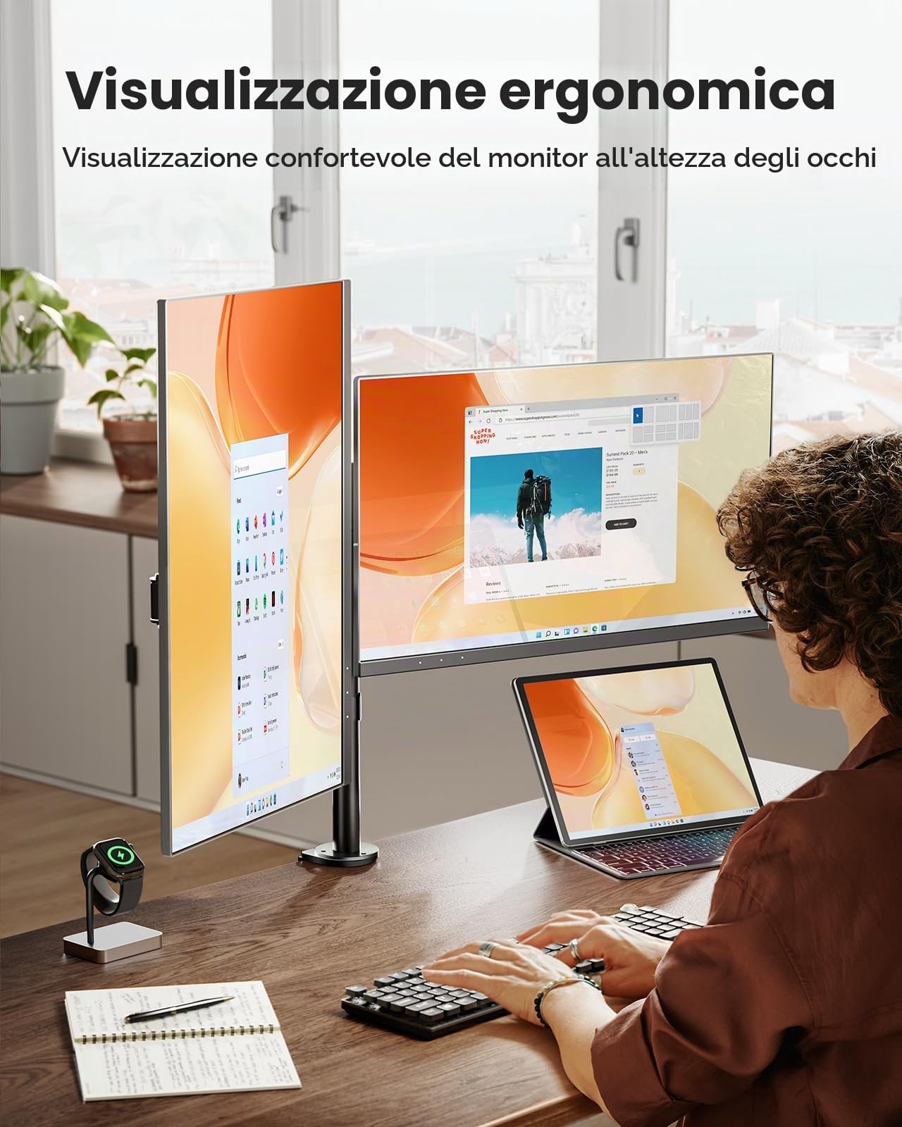 ErGear Supporto per doppio monitor, resistente, regolabile, per 2 schermi fino a 32 pollici, completamente regolabile in altezza, inclinabile, girevole, supporta 8 kg per braccio monitor, facile